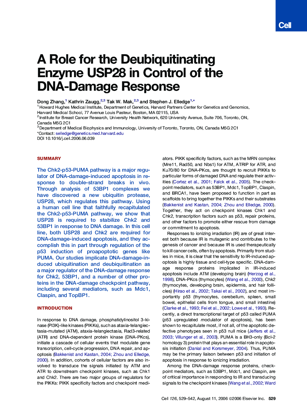 A Role for the Deubiquitinating Enzyme USP28 in Control of the DNA-Damage Response