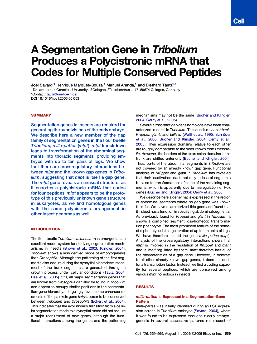 A Segmentation Gene in Tribolium Produces a Polycistronic mRNA that Codes for Multiple Conserved Peptides
