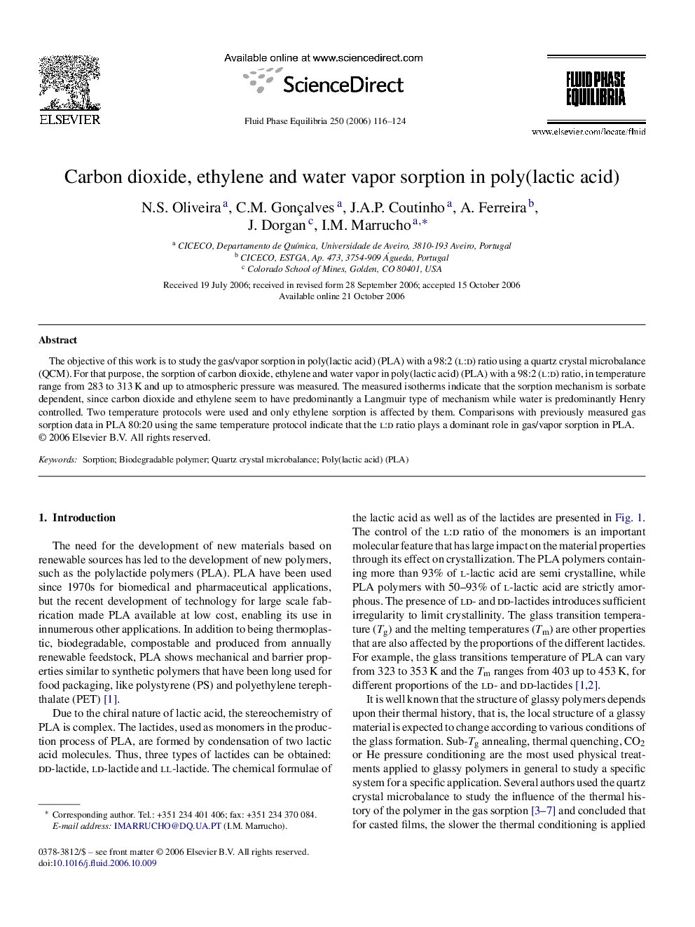 Carbon dioxide, ethylene and water vapor sorption in poly(lactic acid)