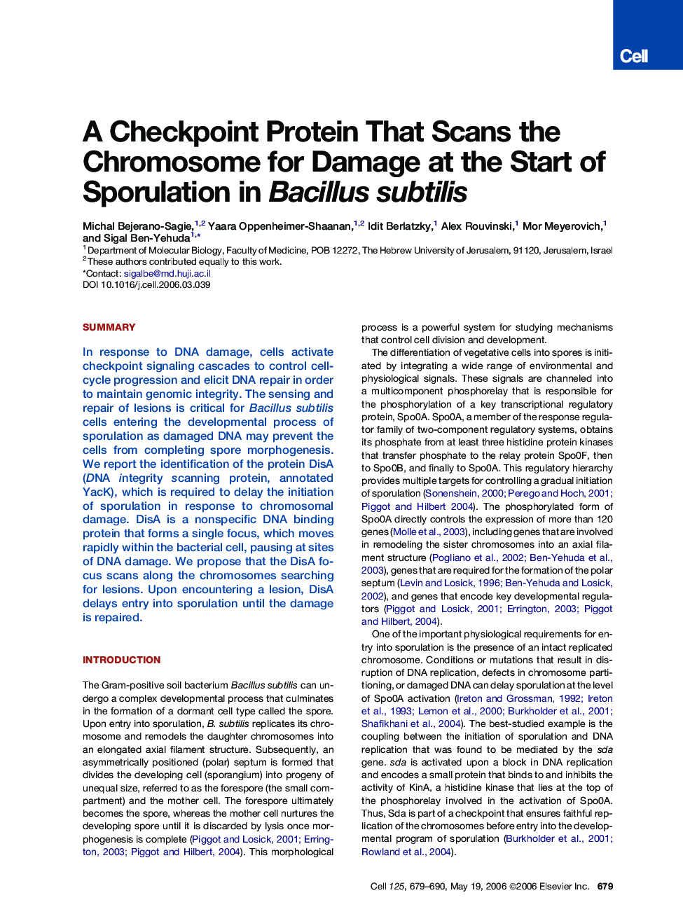 A Checkpoint Protein That Scans the Chromosome for Damage at the Start of Sporulation in Bacillus subtilis