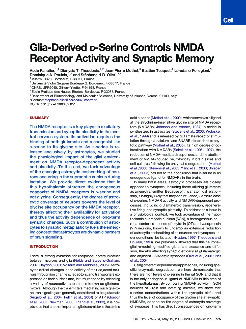 Glia-Derived d-Serine Controls NMDA Receptor Activity and Synaptic Memory
