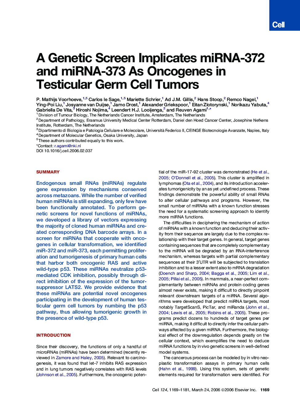 A Genetic Screen Implicates miRNA-372 and miRNA-373 As Oncogenes in Testicular Germ Cell Tumors
