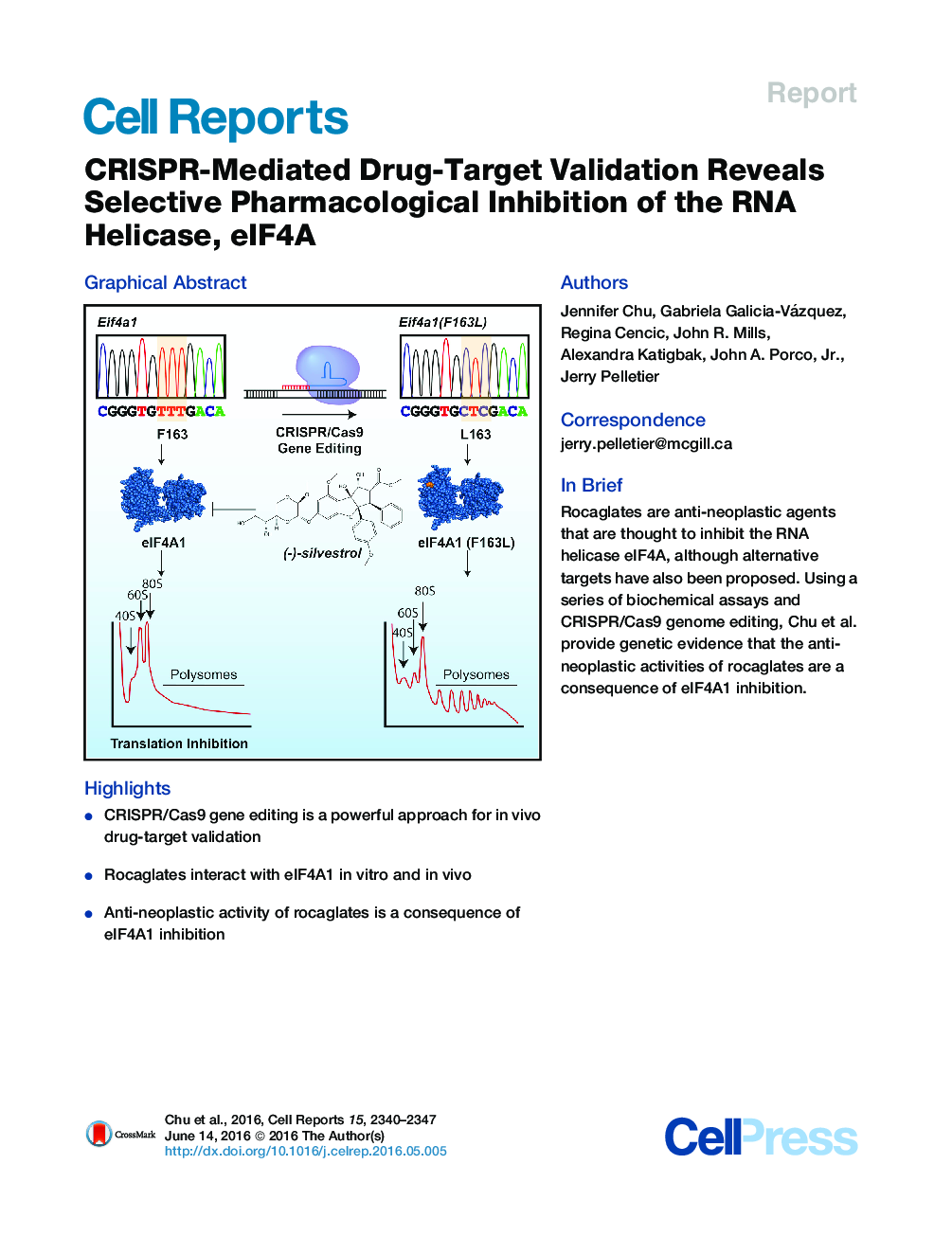 CRISPR-Mediated Drug-Target Validation Reveals Selective Pharmacological Inhibition of the RNA Helicase, eIF4A