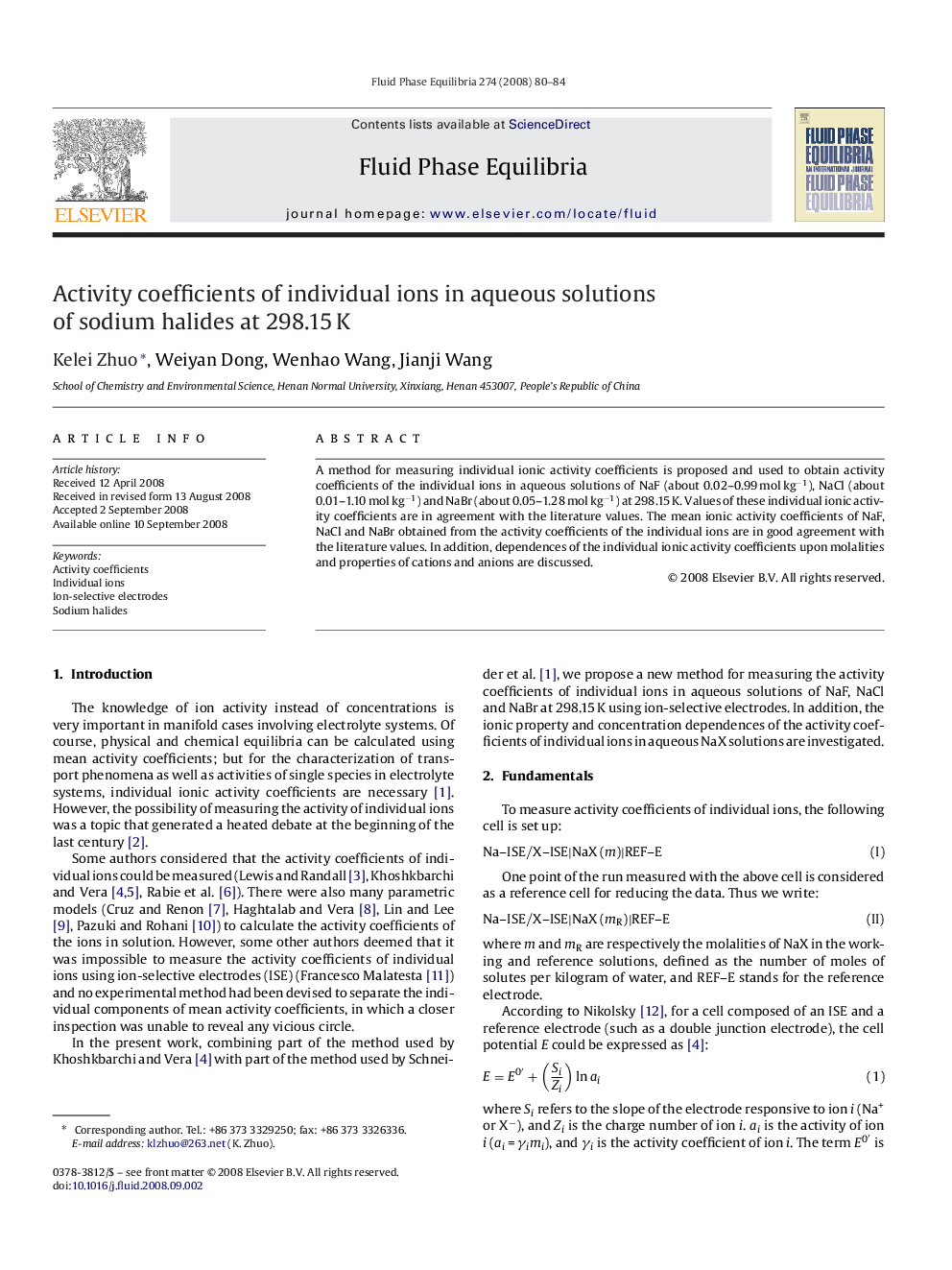 Activity coefficients of individual ions in aqueous solutions of sodium halides at 298.15 K