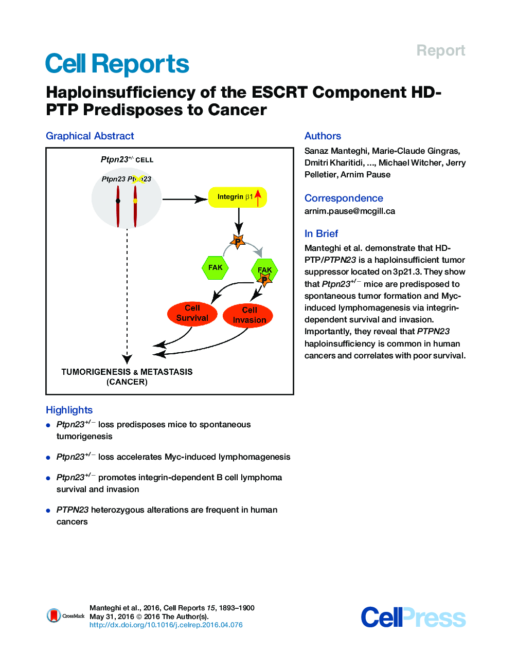 Haploinsufficiency of the ESCRT Component HD-PTP Predisposes to Cancer