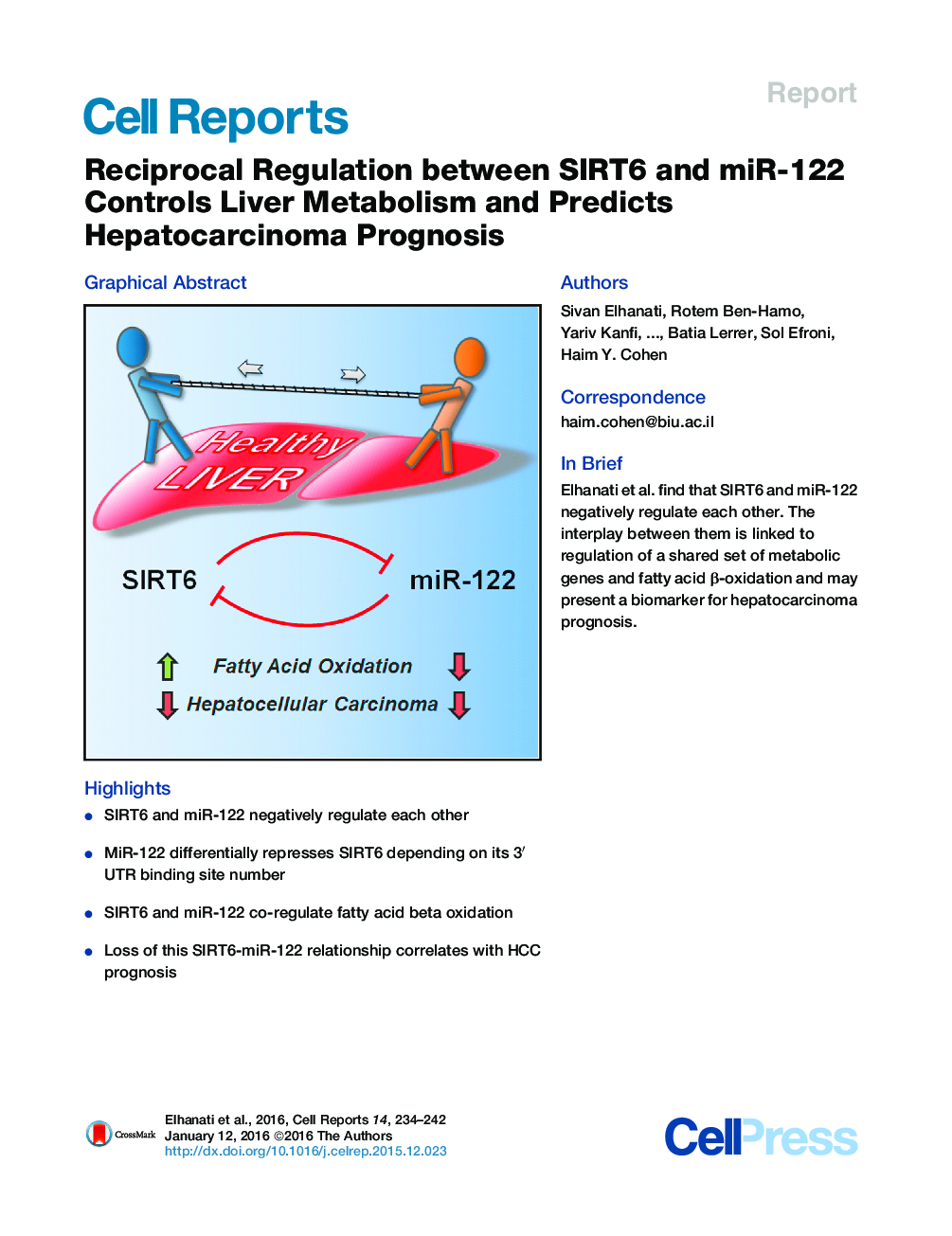 Reciprocal Regulation between SIRT6 and miR-122 Controls Liver Metabolism and Predicts Hepatocarcinoma Prognosis 