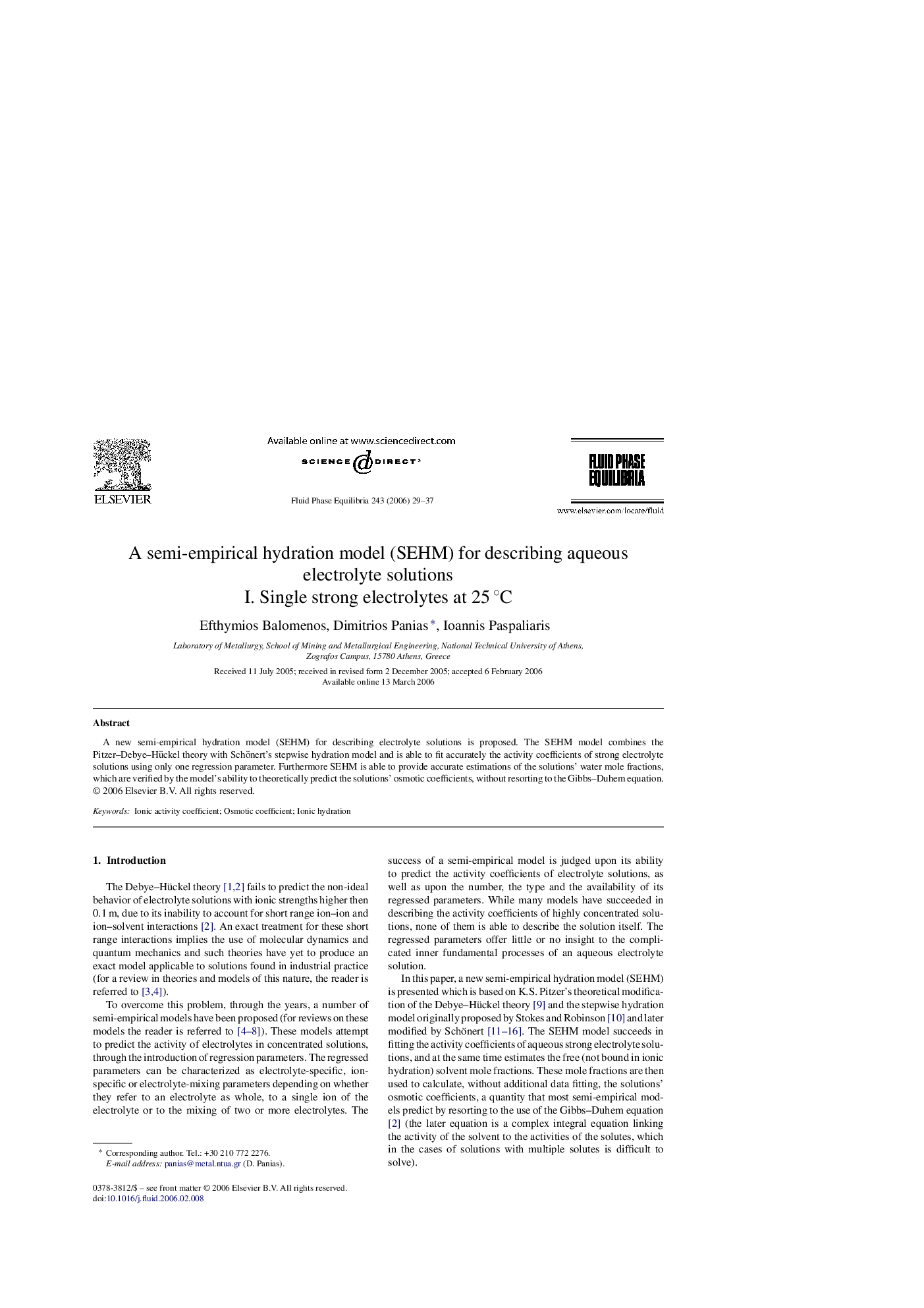 A semi-empirical hydration model (SEHM) for describing aqueous electrolyte solutions: I. Single strong electrolytes at 25 °C