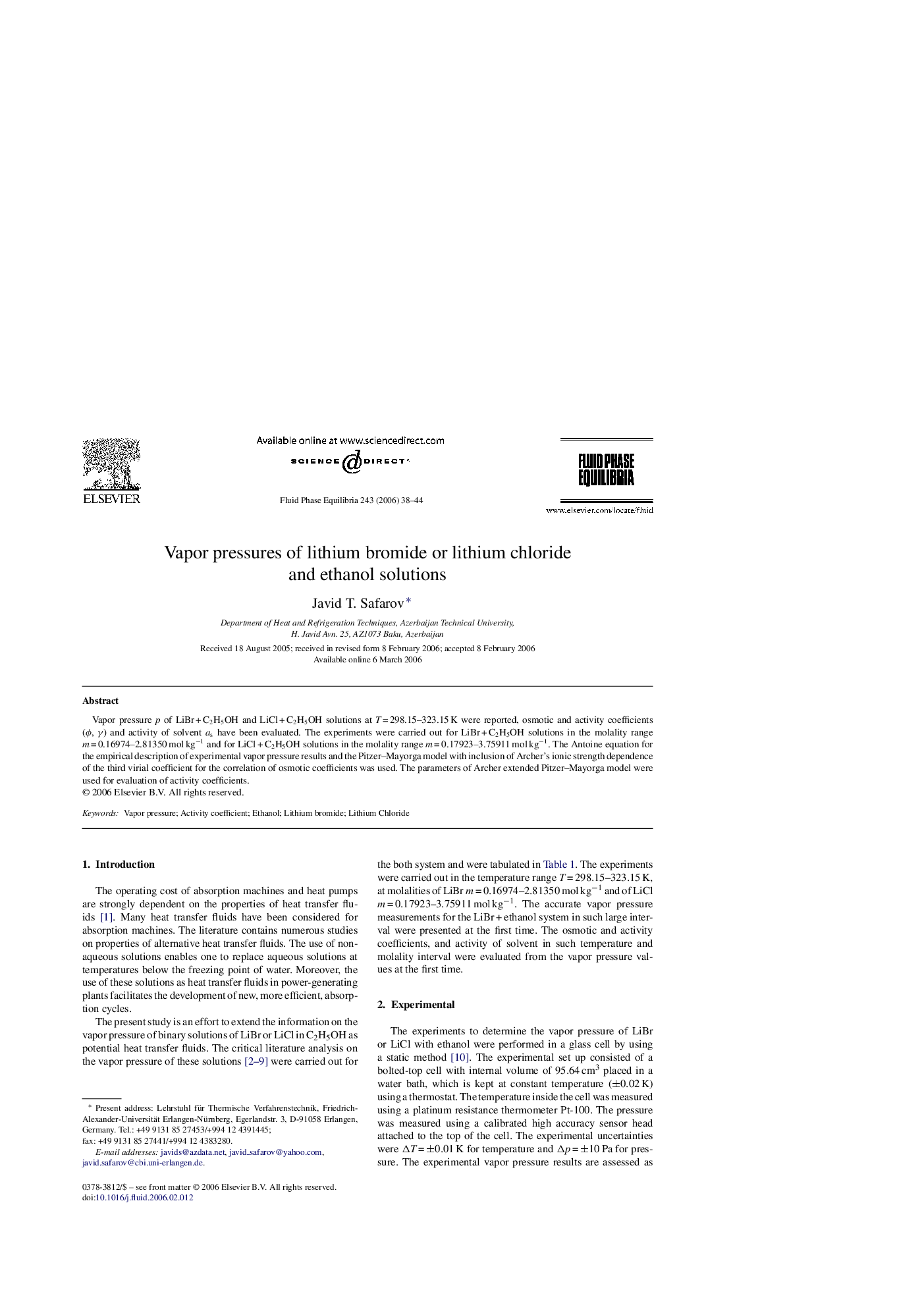 Vapor pressures of lithium bromide or lithium chloride and ethanol solutions