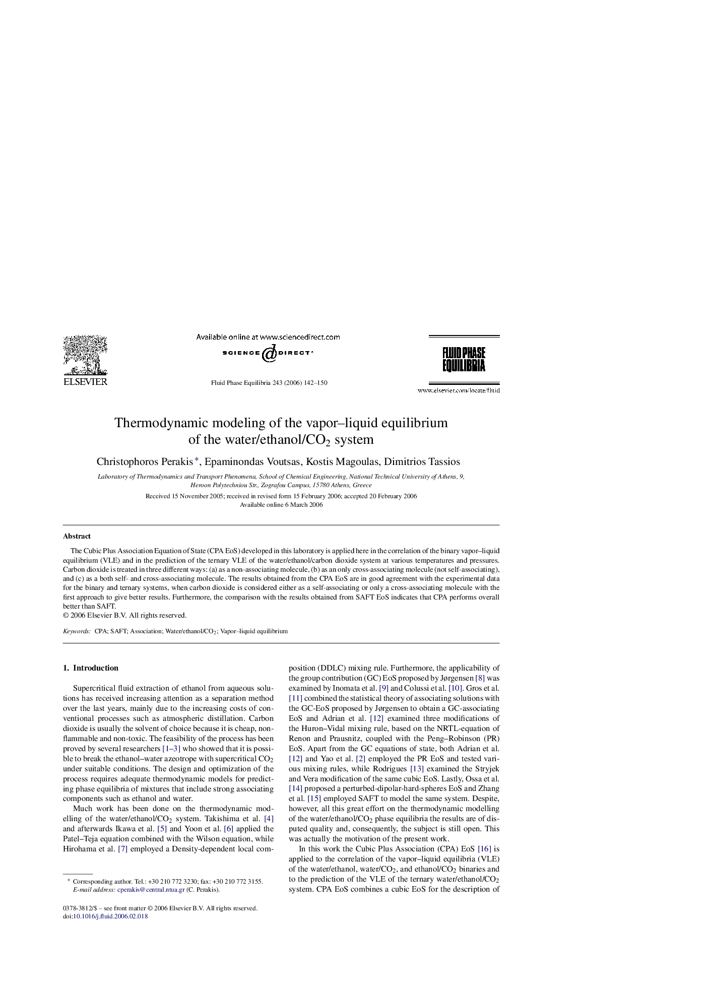 Thermodynamic modeling of the vapor–liquid equilibrium of the water/ethanol/CO2 system