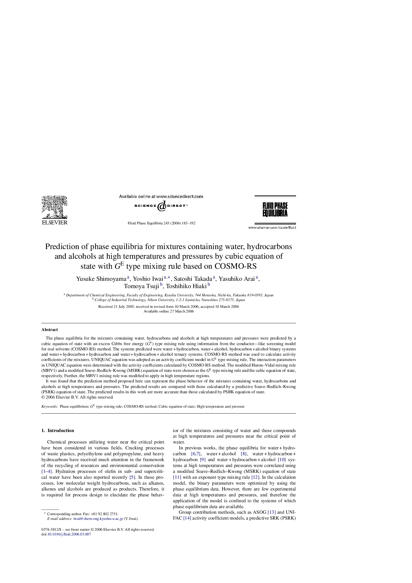 Prediction of phase equilibria for mixtures containing water, hydrocarbons and alcohols at high temperatures and pressures by cubic equation of state with GE type mixing rule based on COSMO-RS