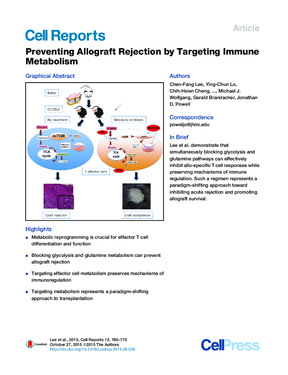 Preventing Allograft Rejection by Targeting Immune Metabolism 