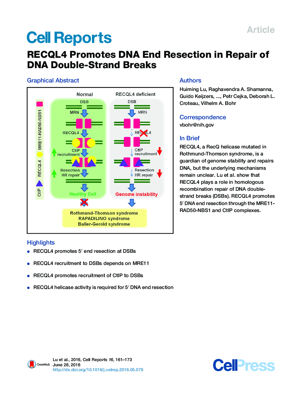 RECQL4 Promotes DNA End Resection in Repair of DNA Double-Strand Breaks