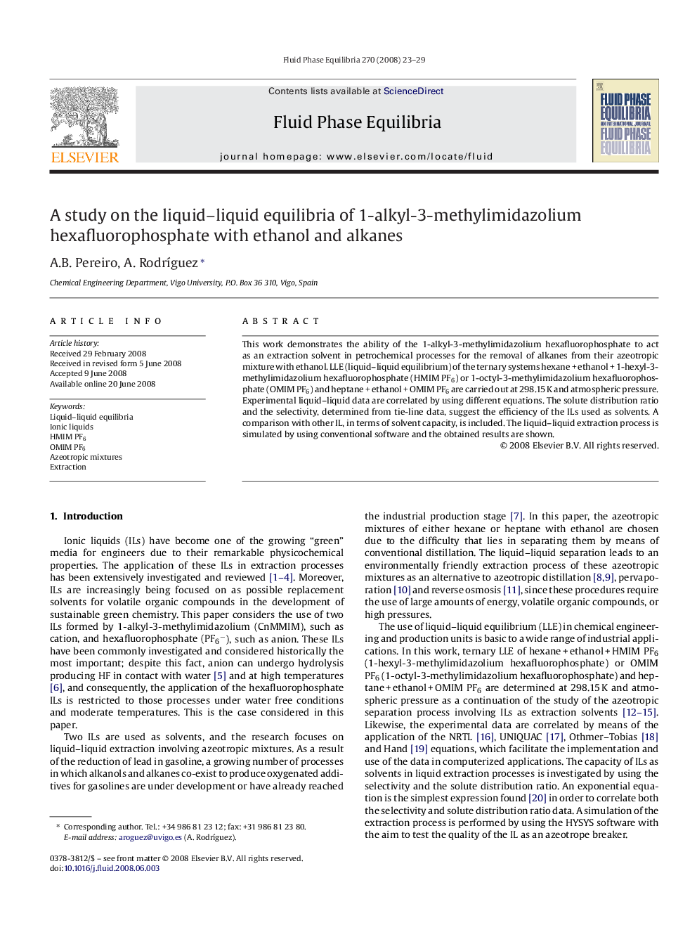 A study on the liquid–liquid equilibria of 1-alkyl-3-methylimidazolium hexafluorophosphate with ethanol and alkanes