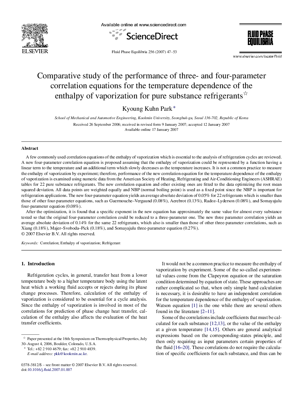 Comparative study of the performance of three- and four-parameter correlation equations for the temperature dependence of the enthalpy of vaporization for pure substance refrigerants 