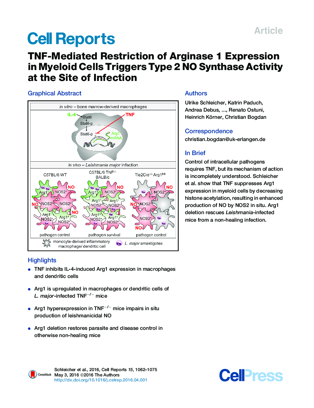 TNF-Mediated Restriction of Arginase 1 Expression in Myeloid Cells Triggers Type 2 NO Synthase Activity at the Site of Infection