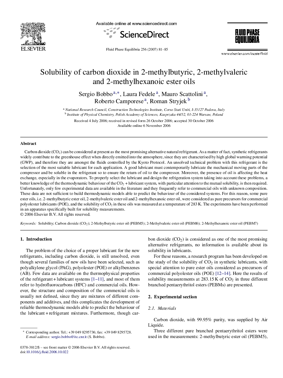 عکس صفحه اول مقاله: Solubility of carbon dioxide in 2-methylbutyric, 2-methylvaleric and 2-methylhexanoic ester oils Solubility of carbon dioxide in 2-methylbutyric, 2-methylvaleric and 2-methylhexanoic ester oils