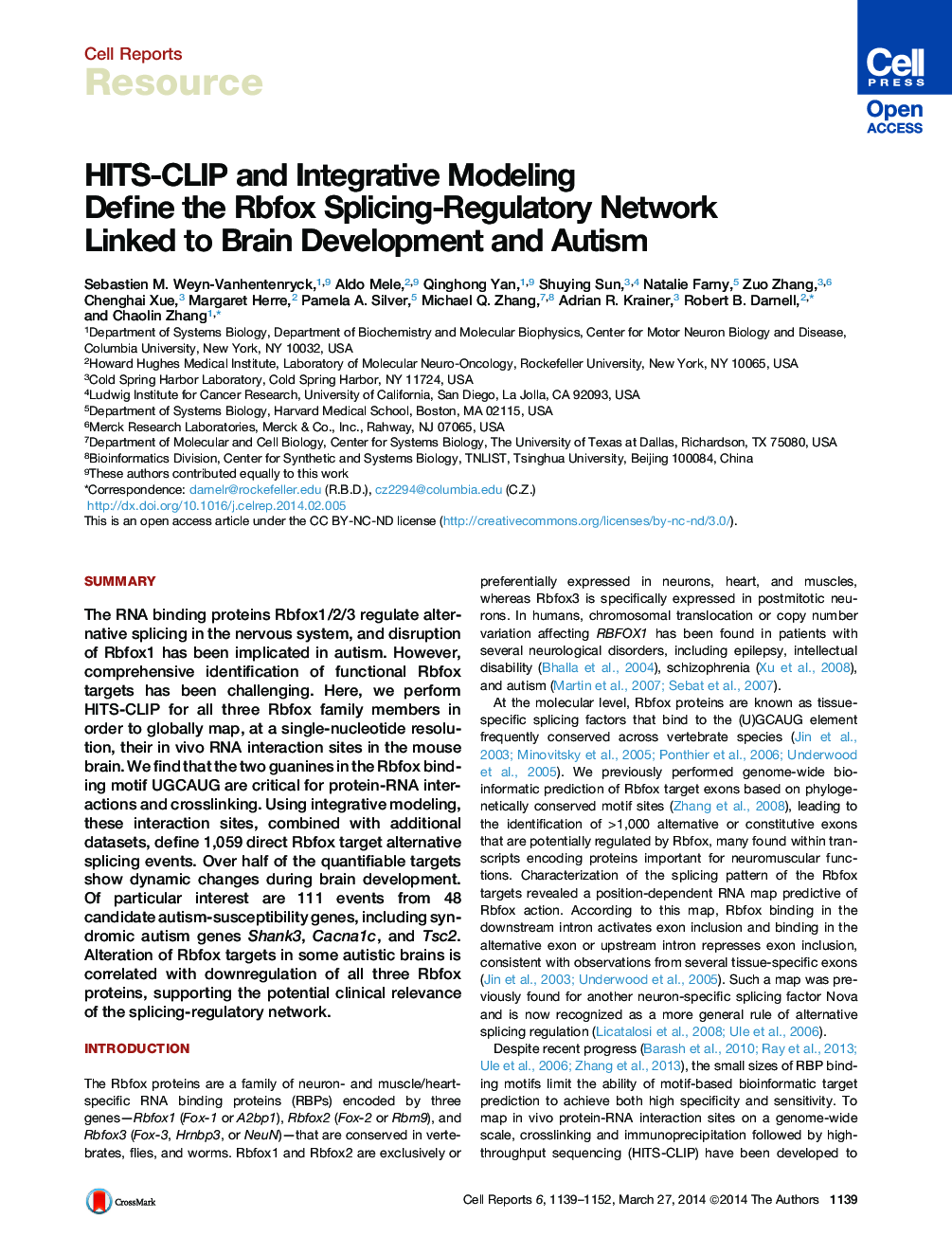 عکس صفحه اول مقاله: HITS-CLIP and Integrative Modeling Define the Rbfox Splicing-Regulatory Network Linked to Brain Development and Autism HITS-CLIP and Integrative Modeling Define the Rbfox Splicing-Regulatory Network Linked to Brain Development and Autism