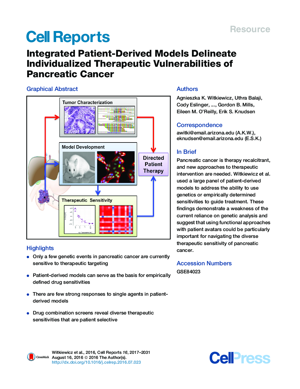 Integrated Patient-Derived Models Delineate Individualized Therapeutic Vulnerabilities of Pancreatic Cancer