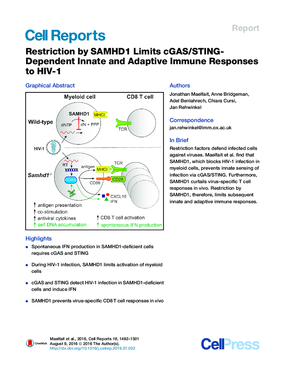 عکس صفحه اول مقاله: Restriction by SAMHD1 Limits cGAS/STING-Dependent Innate and Adaptive Immune Responses to HIV-1 Restriction by SAMHD1 Limits cGAS/STING-Dependent Innate and Adaptive Immune Responses to HIV-1