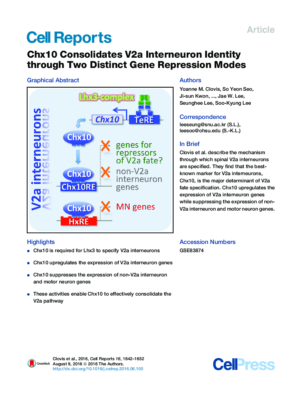 Chx10 Consolidates V2a Interneuron Identity through Two Distinct Gene Repression Modes