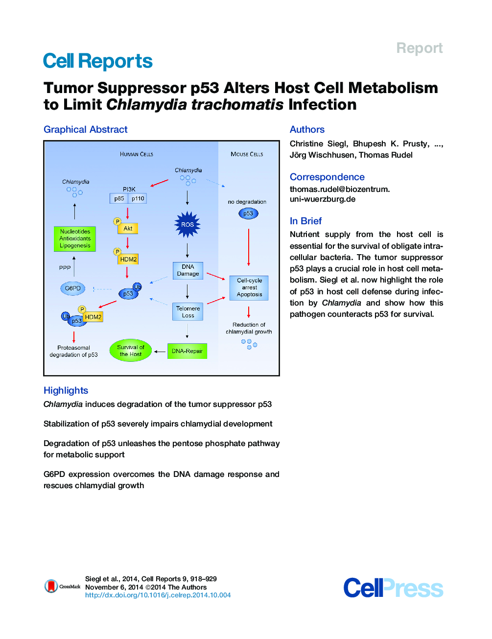 Tumor Suppressor p53 Alters Host Cell Metabolism to Limit Chlamydia trachomatis Infection 