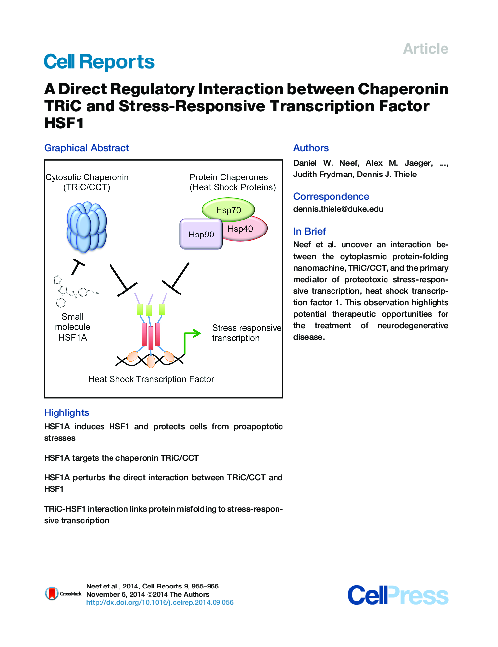 A Direct Regulatory Interaction between Chaperonin TRiC and Stress-Responsive Transcription Factor HSF1 