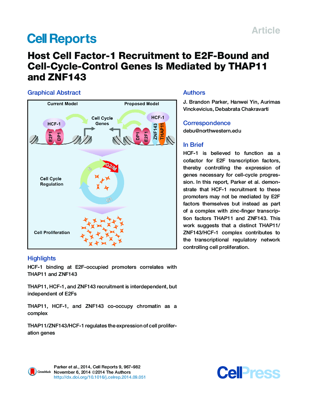 Host Cell Factor-1 Recruitment to E2F-Bound and Cell-Cycle-Control Genes Is Mediated by THAP11 and ZNF143 