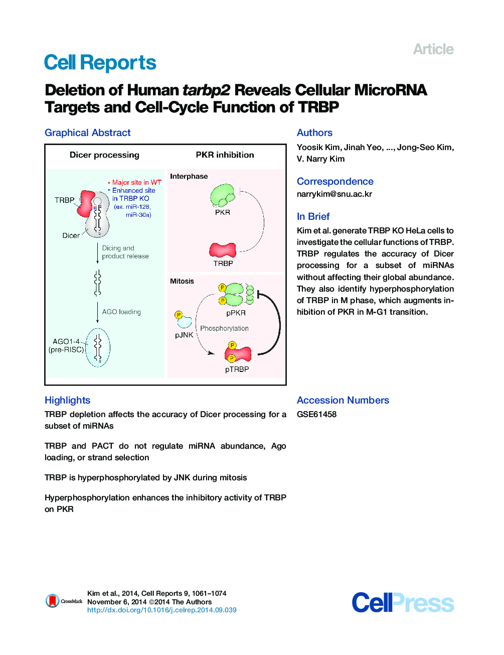 Deletion of Human tarbp2 Reveals Cellular MicroRNA Targets and Cell-Cycle Function of TRBP 