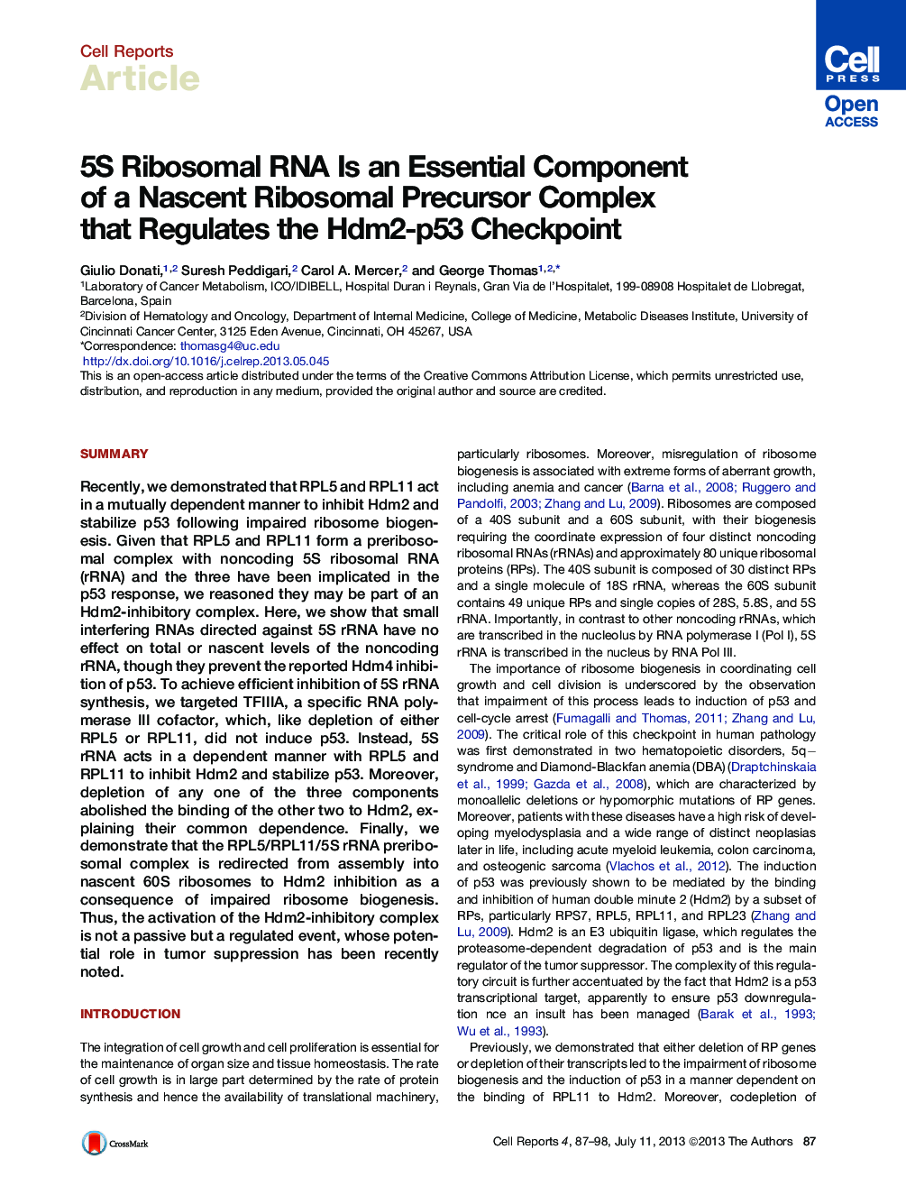 عکس صفحه اول مقاله: 5S Ribosomal RNA Is an Essential Component of a Nascent Ribosomal Precursor Complex that Regulates the Hdm2-p53 Checkpoint 5S Ribosomal RNA Is an Essential Component of a Nascent Ribosomal Precursor Complex that Regulates the Hdm2-p53 Checkpoint