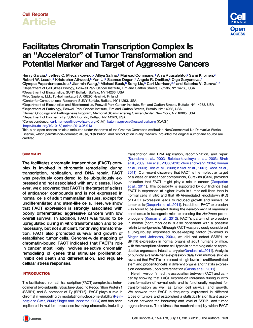 Facilitates Chromatin Transcription Complex Is an “Accelerator” of Tumor Transformation and Potential Marker and Target of Aggressive Cancers 