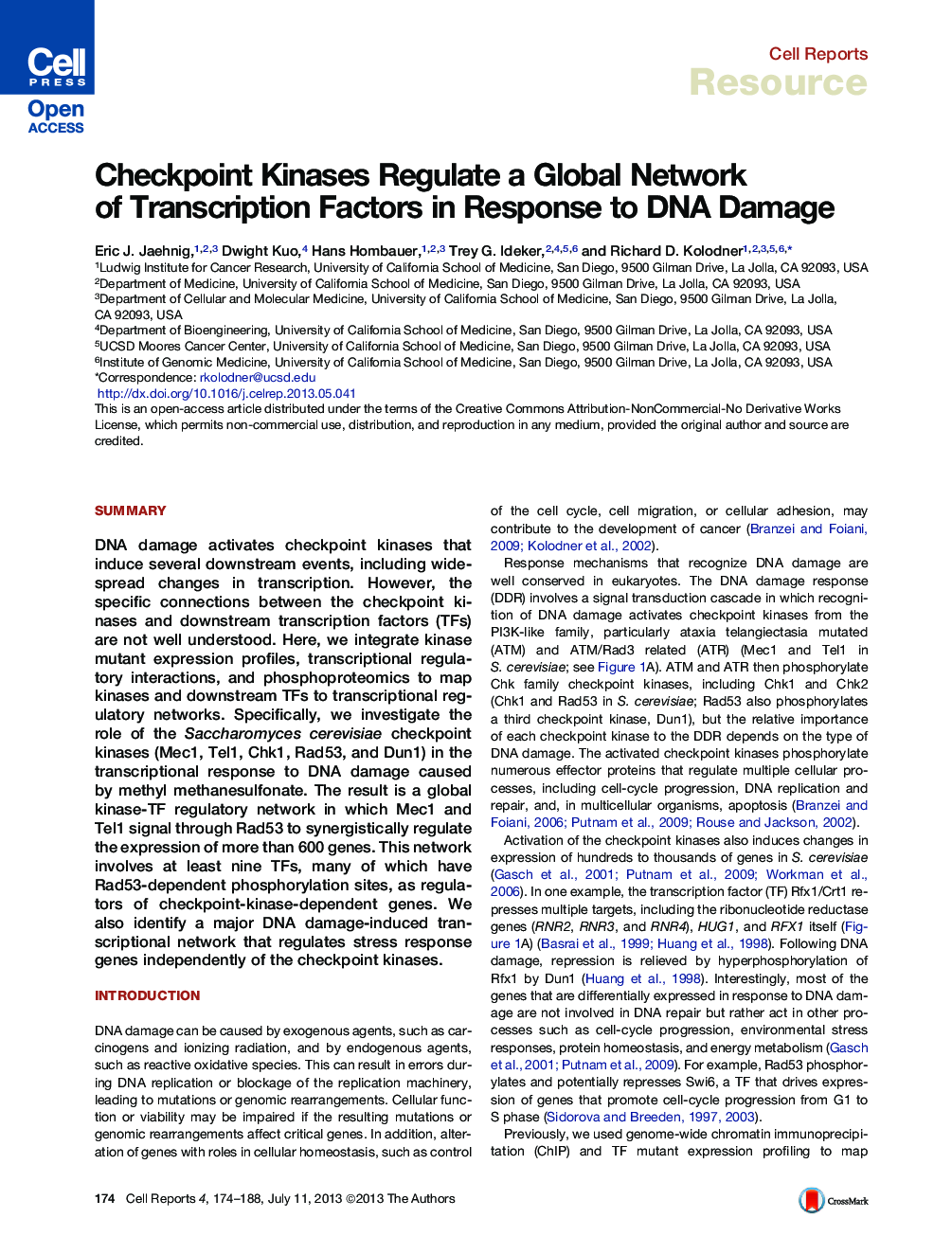 Checkpoint Kinases Regulate a Global Network of Transcription Factors in Response to DNA Damage 