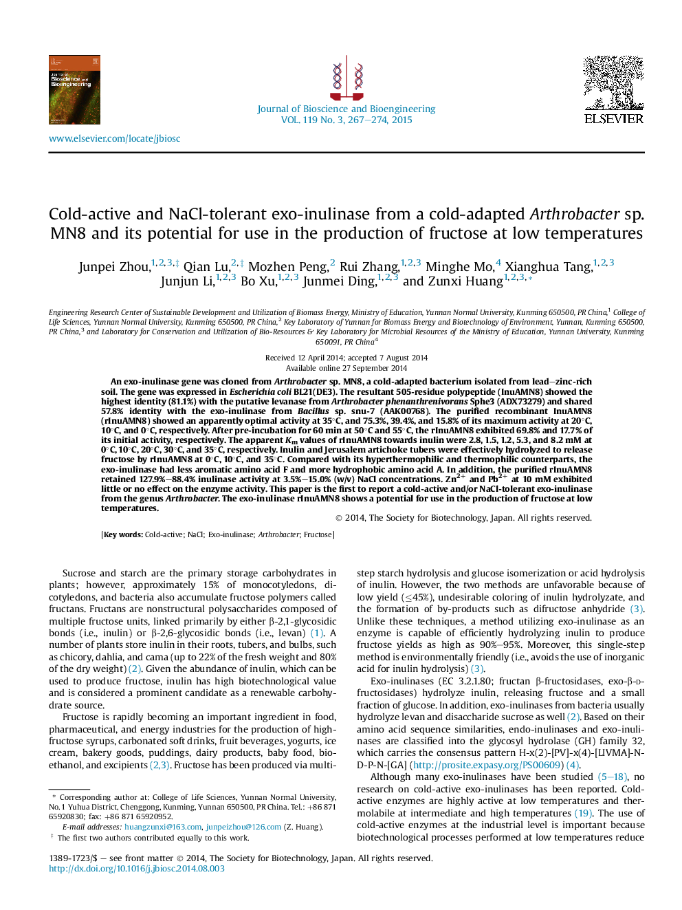 Cold-active and NaCl-tolerant exo-inulinase from a cold-adapted Arthrobacter sp. MN8 and its potential for use in the production of fructose at low temperatures