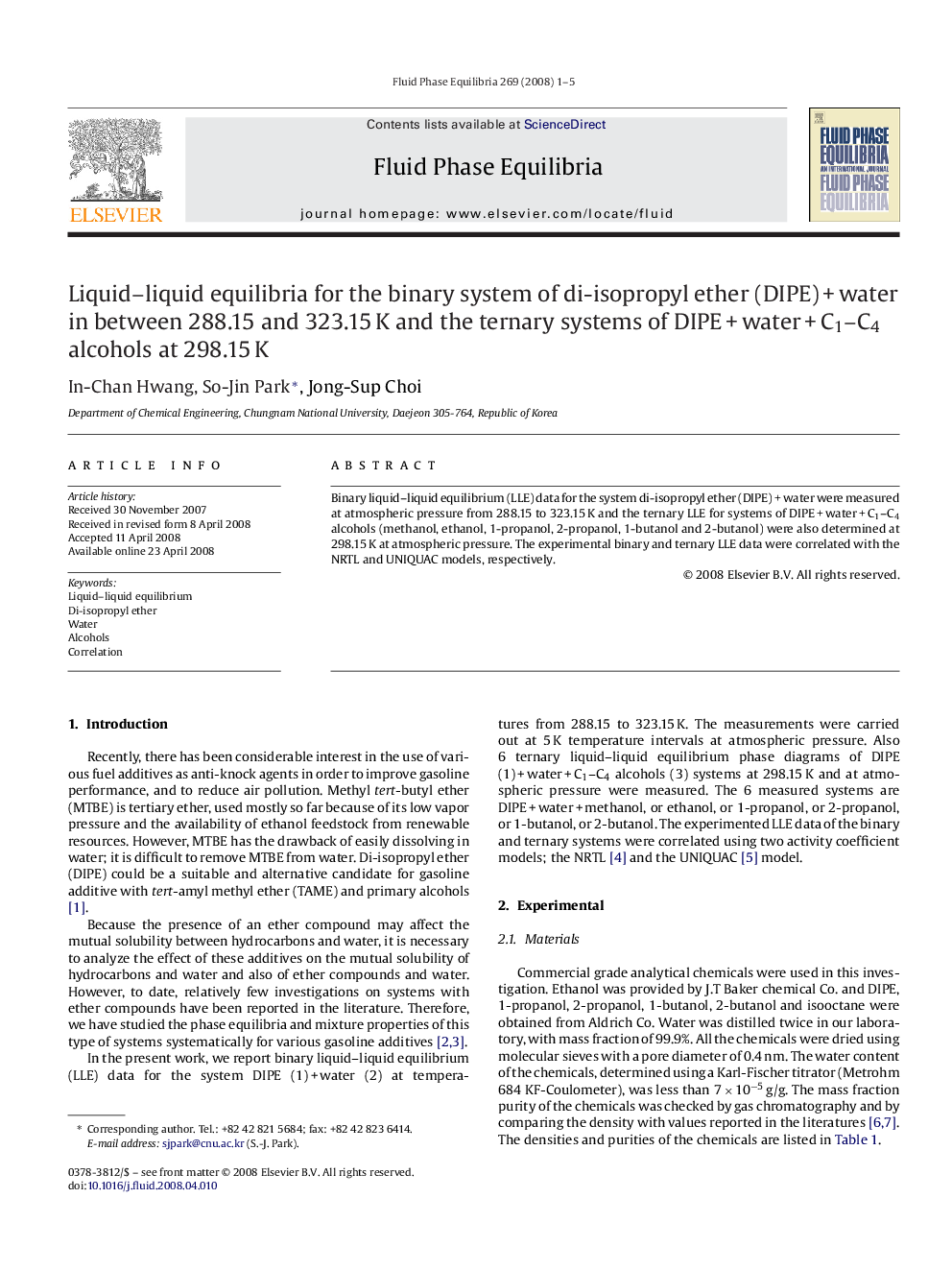 Liquid–liquid equilibria for the binary system of di-isopropyl ether (DIPE) + water in between 288.15 and 323.15 K and the ternary systems of DIPE + water + C1–C4 alcohols at 298.15 K