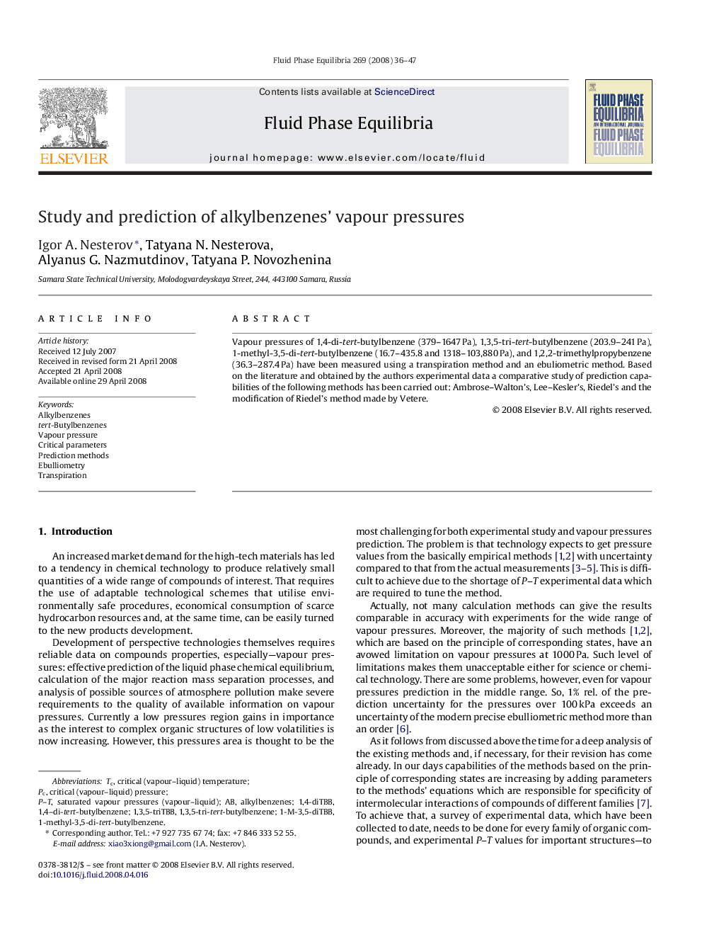Study and prediction of alkylbenzenes’ vapour pressures