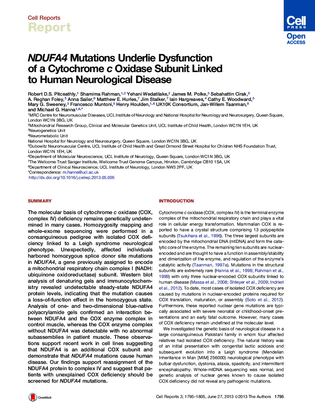 NDUFA4 Mutations Underlie Dysfunction of a Cytochrome c Oxidase Subunit Linked to Human Neurological Disease