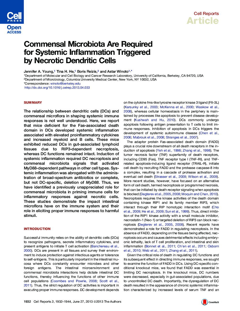 Commensal Microbiota Are Required for Systemic Inflammation Triggered by Necrotic Dendritic Cells