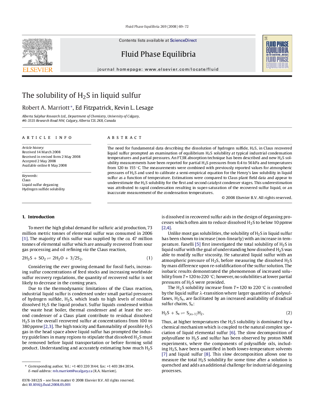 The solubility of H2S in liquid sulfur