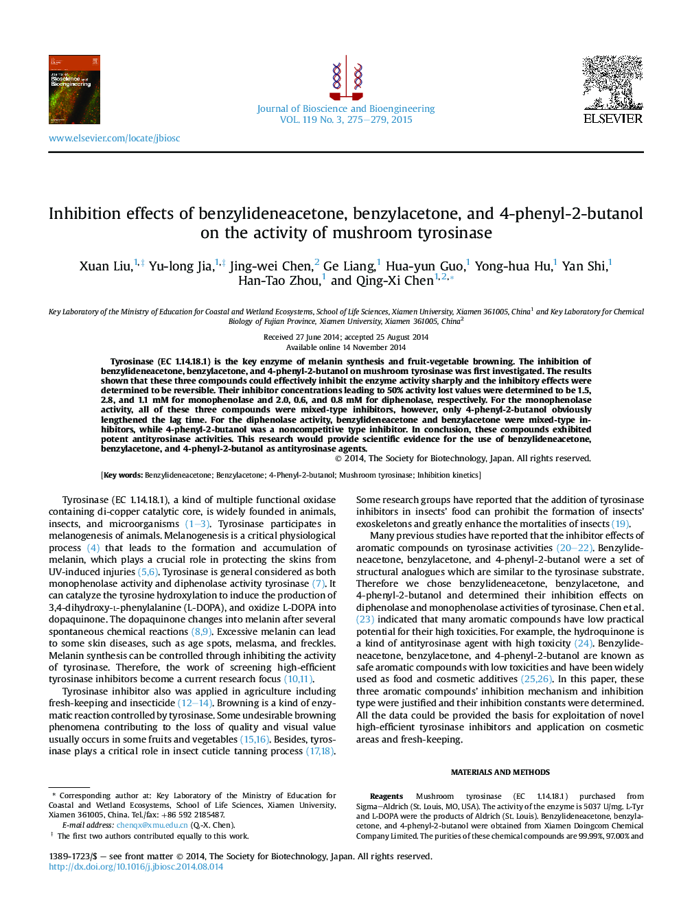 Inhibition effects of benzylideneacetone, benzylacetone, and 4-phenyl-2-butanol on the activity of mushroom tyrosinase