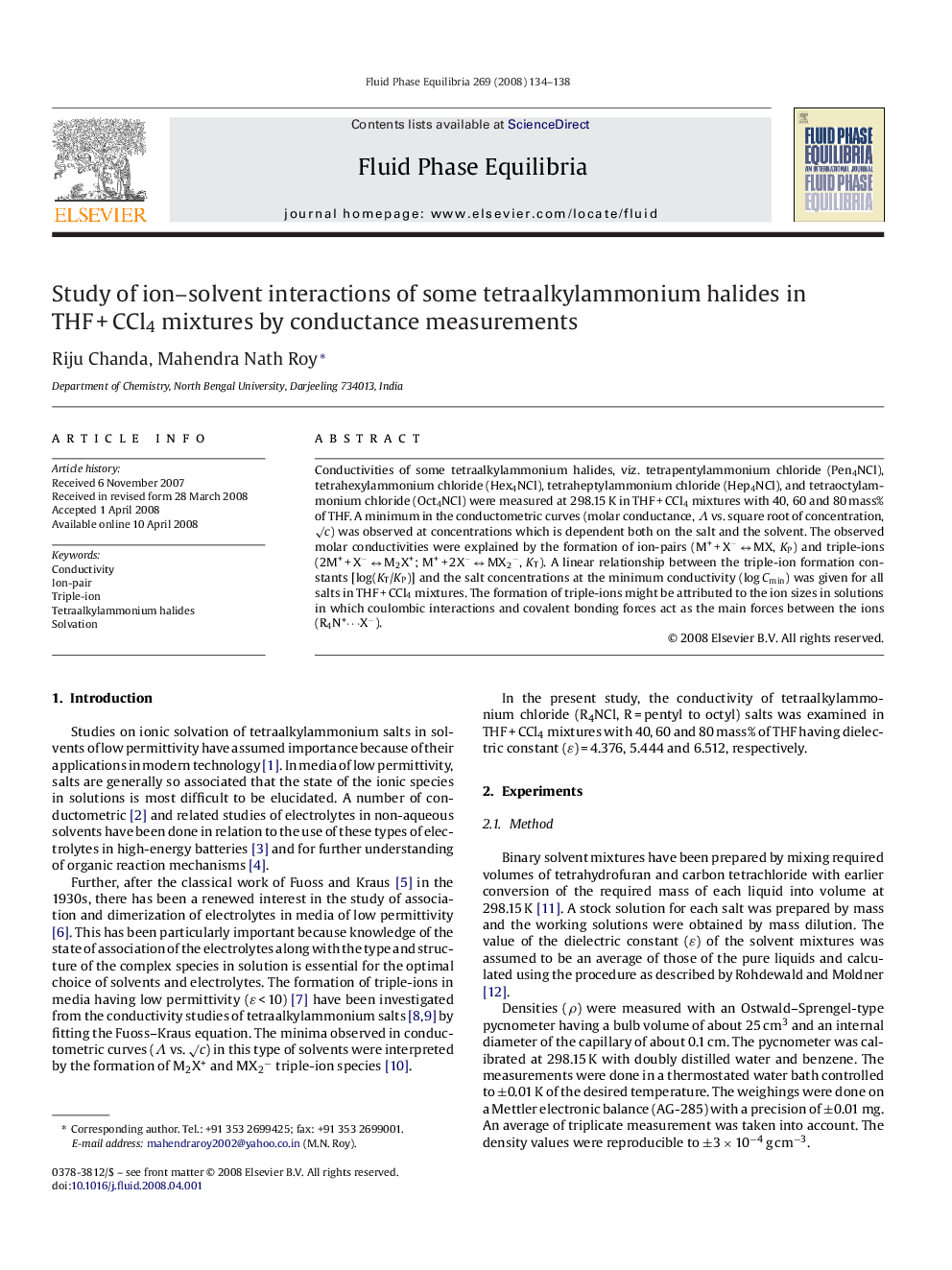 Study of ion–solvent interactions of some tetraalkylammonium halides in THF + CCl4 mixtures by conductance measurements