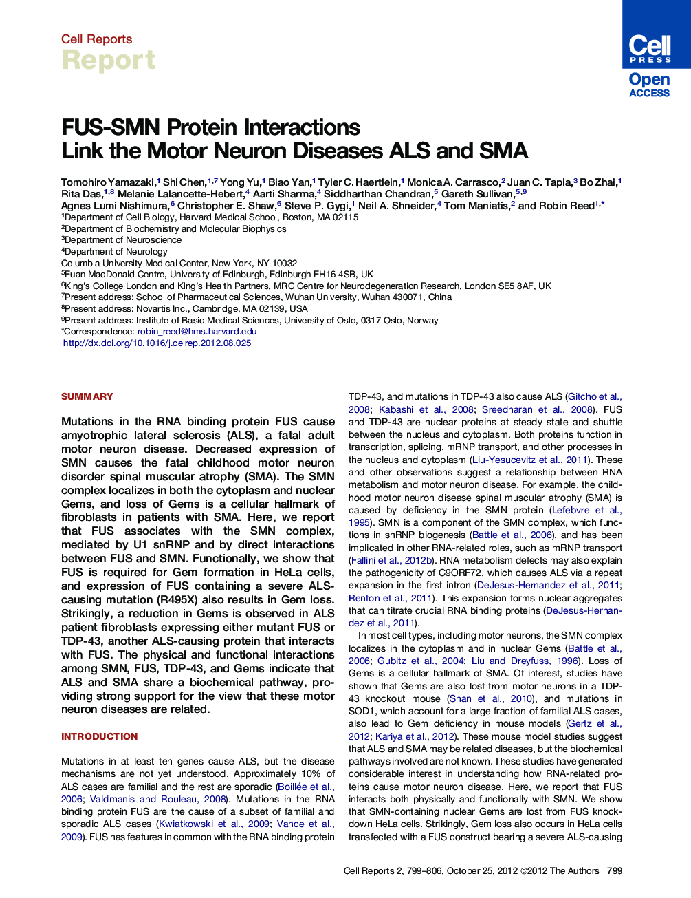 FUS-SMN Protein Interactions Link the Motor Neuron Diseases ALS and SMA