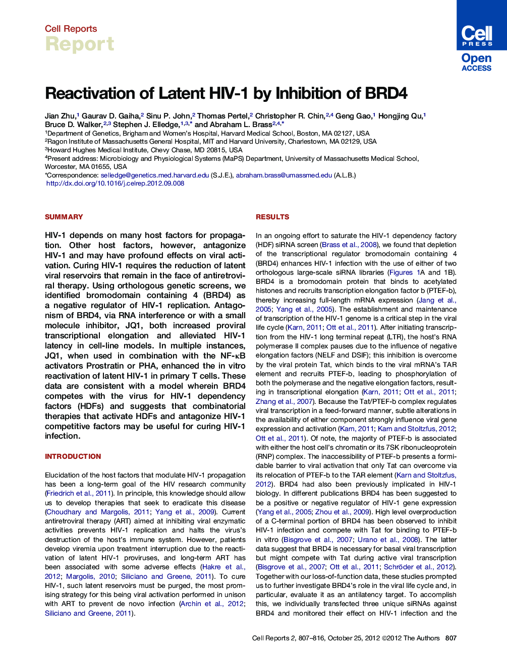 Reactivation of Latent HIV-1 by Inhibition of BRD4