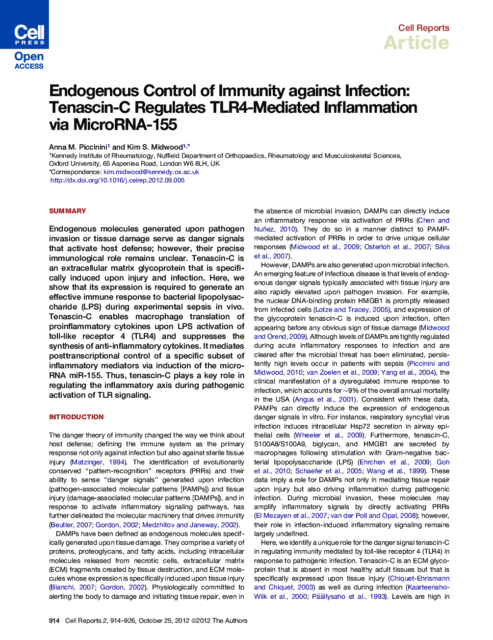 Endogenous Control of Immunity against Infection: Tenascin-C Regulates TLR4-Mediated Inflammation via MicroRNA-155