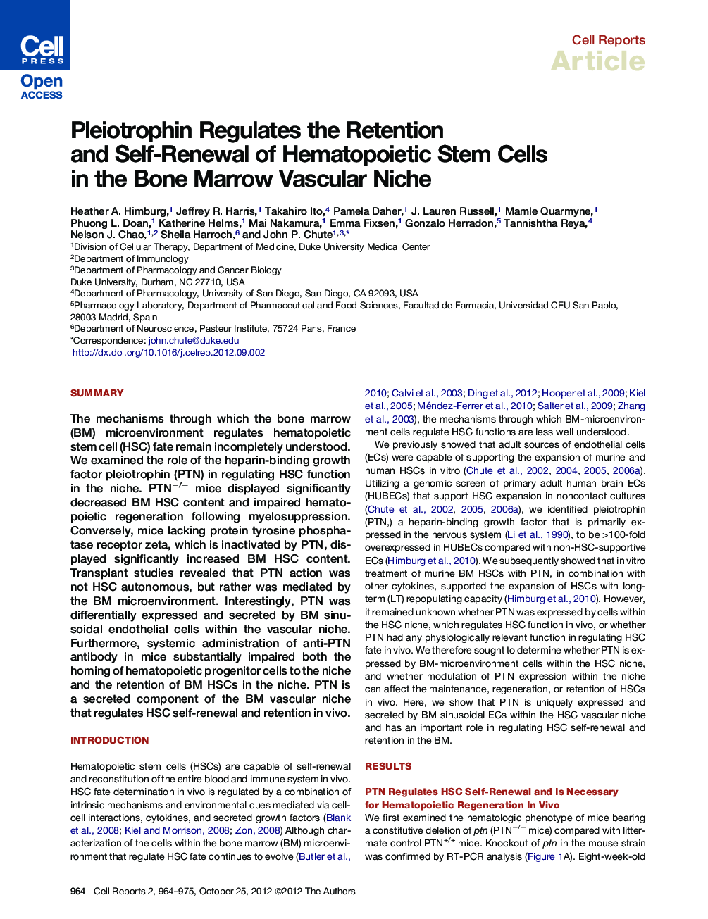 Pleiotrophin Regulates the Retention and Self-Renewal of Hematopoietic Stem Cells in the Bone Marrow Vascular Niche
