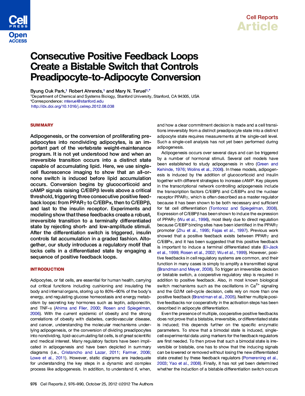 Consecutive Positive Feedback Loops Create a Bistable Switch that Controls Preadipocyte-to-Adipocyte Conversion