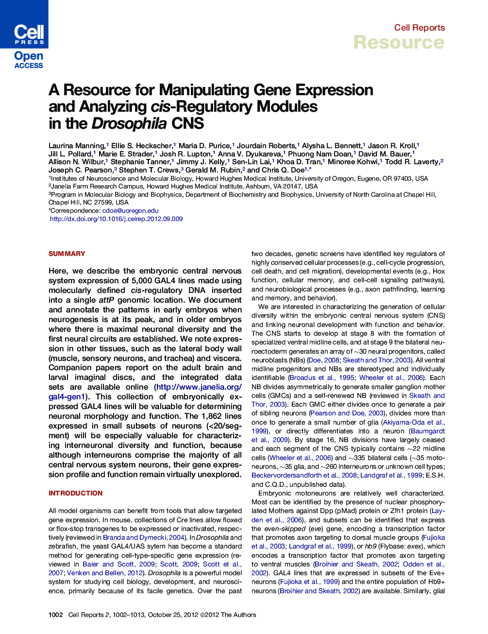 A Resource for Manipulating Gene Expression and Analyzing cis-Regulatory Modules in the Drosophila CNS