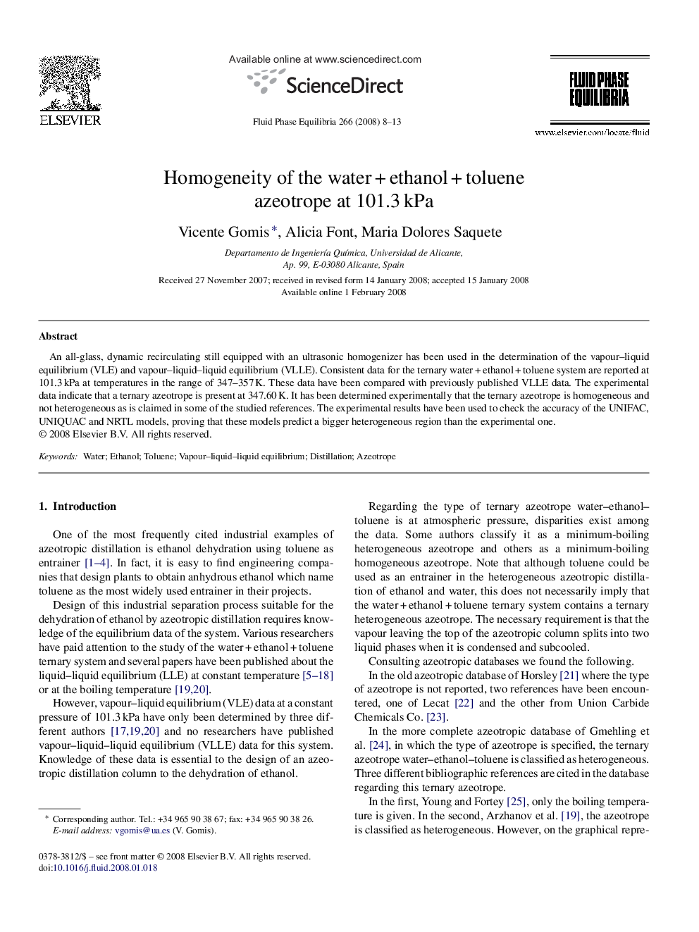 Homogeneity of the water + ethanol + toluene azeotrope at 101.3 kPa