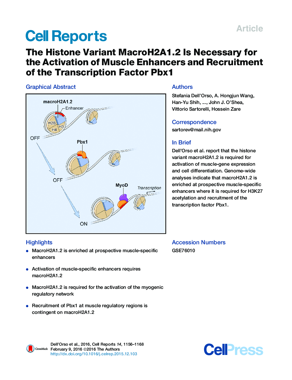 The Histone Variant MacroH2A1.2 Is Necessary for the Activation of Muscle Enhancers and Recruitment of the Transcription Factor Pbx1 