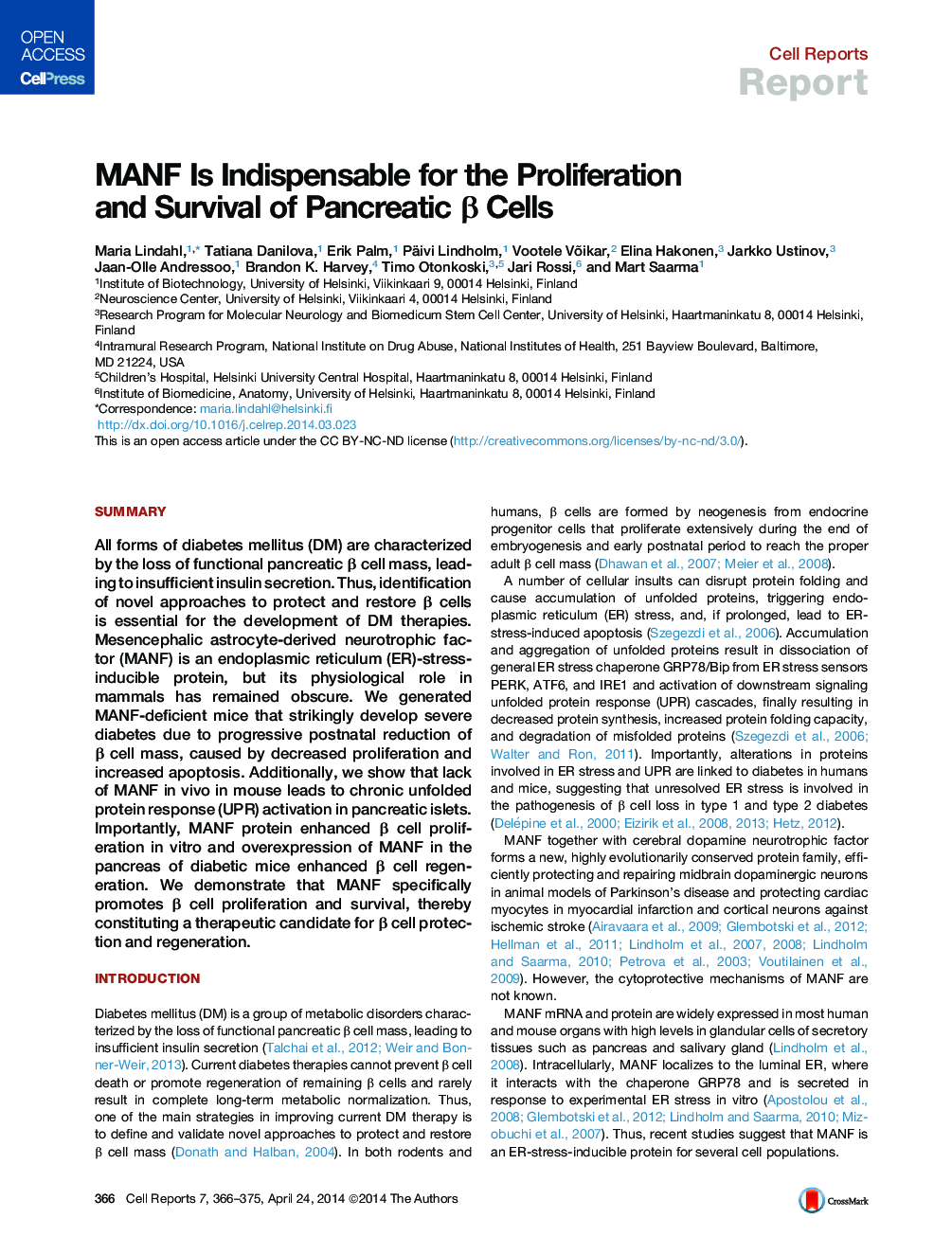 MANF Is Indispensable for the Proliferation and Survival of Pancreatic β Cells 