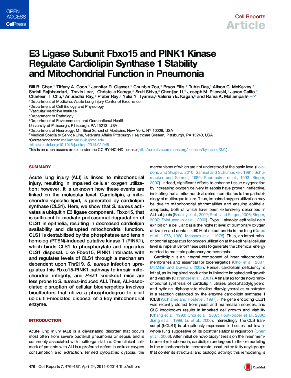 E3 Ligase Subunit Fbxo15 and PINK1 Kinase Regulate Cardiolipin Synthase 1 Stability and Mitochondrial Function in Pneumonia 