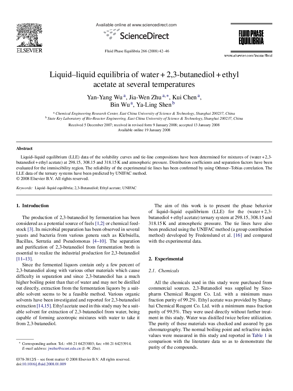 Liquid–liquid equilibria of water + 2,3-butanediol + ethyl acetate at several temperatures